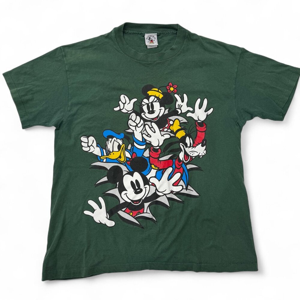 Vintage‎ Mickey & Co Mickey Donald 2 Sided Single Stitch Green Disney T-shirt XL